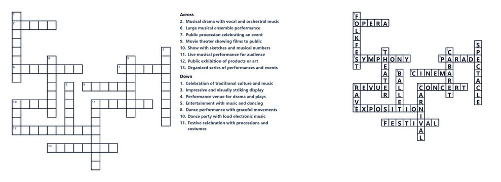 Crossword puzzle layout with clues and empty spaces for answers  