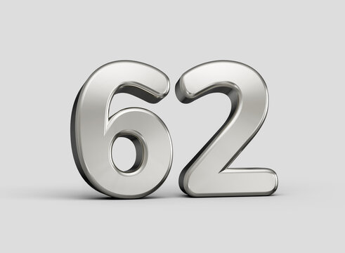 3D Metallic number sixty two rendered in a sleek chrome finish. 3d illustration