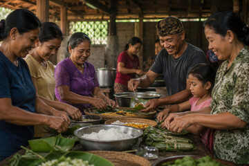 Obraz premium Family gathers around a table laden with food
