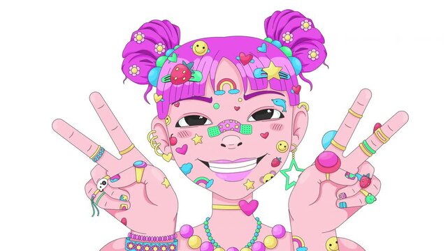 Japanese kawaii decora fashion girl with peace fingers 2D character animation. Tokyo Harajuku street style. Space buns young woman with stickers and accessories animated person cartoon 4K video