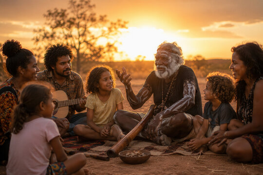 Sunset bathes a joyful Indigenous gathering