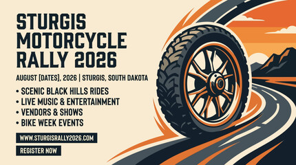 Obraz premium Vintage Style Illustration for an Annual Motorcycle Rally Event Featuring Custom Bike Wheels and Scenic Mountain Road Backdrop