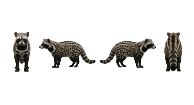 Common genet features a spotted coat and long tail visible from multiple orientations in this comprehensive anatomical illustration.