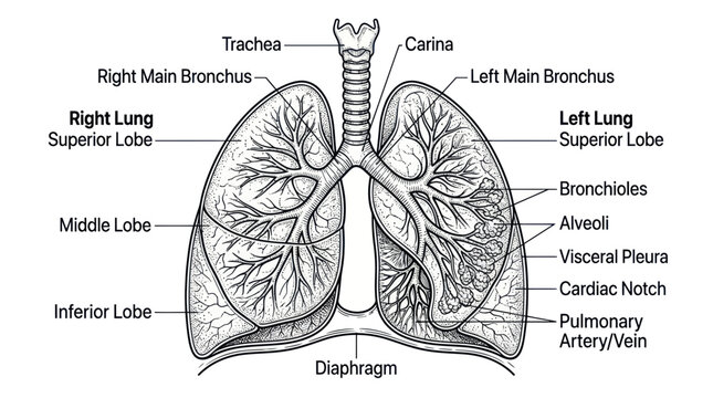Anatomical illustration of the human lungs and trachea, showing lobes and bronchi.