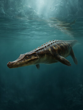 Prehistoric mosasaur marine reptile swimming underwater