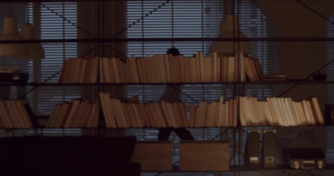 Mysterious female silhouette walking behind a large bookshelf filled with books in a dimly lit library, office or study room, creating a suspenseful and intriguing noir atmosphere