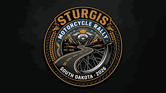 Vintage Emblem Design Featuring A Winding Road Toward The Horizon For A Famous Motorcycle Rally Event Located In South Dakota In The Year 2026