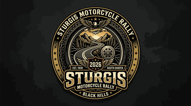 Vintage gold motorcycle rally emblem featuring mountains, winding road, and eagle wings on dark background