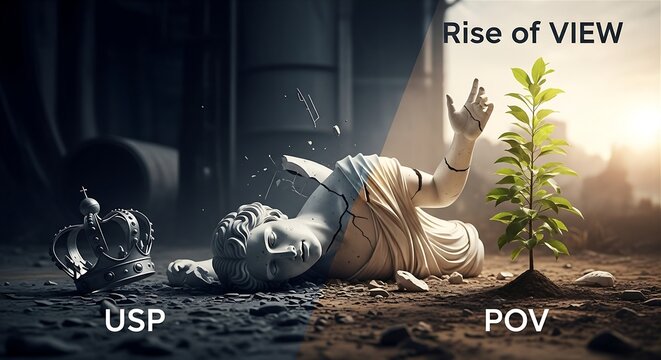 Business Transformation Concept with Broken Marble Statue and Growing Plant Symbolizing New POV and USP