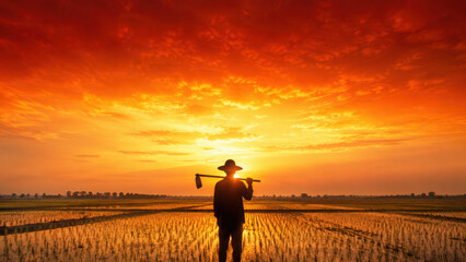 Fototapeta premium Farmer stands in rice field at sunset, holding hoe while vibrant orange sky creates stunning backdrop. scene evokes tranquility and hard work