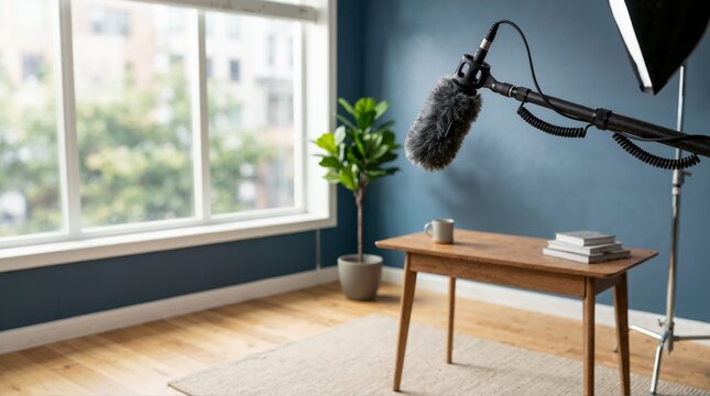 Boom microphone with a furry windshield suspended over a wooden desk. Professional audio recording setup in a modern room with blue walls and natural light