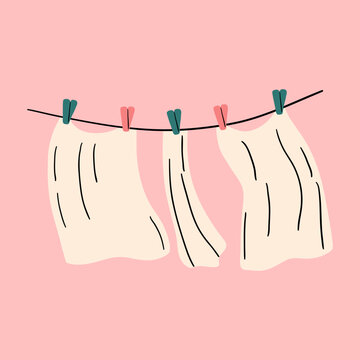 Hanging laundry sheets on a clothes line in soft colors. Fresh and clean towels drying outside doodle drawing. Hand-drawn vector illustration