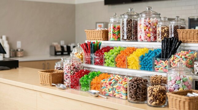 Colorful assortment of candies displayed in glass jars and acrylic bins at a concession stand. Sweet treats and gummy candies on a wooden counter