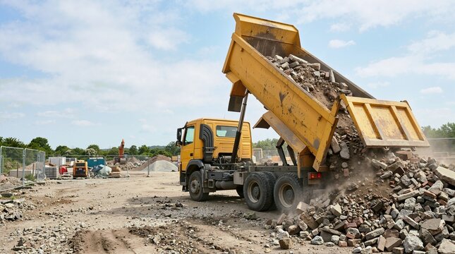 Yellow dump truck unloading rubble at a construction site. Heavy machinery dumping broken bricks and concrete debris. Earthmoving and demolition concept