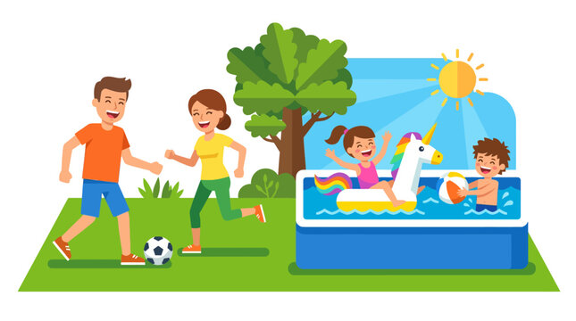 Happy family playing soccer and swimming in inflatable pool with unicorn float