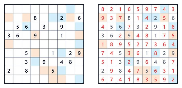 Sudoku puzzles with filled and empty cells on white background  