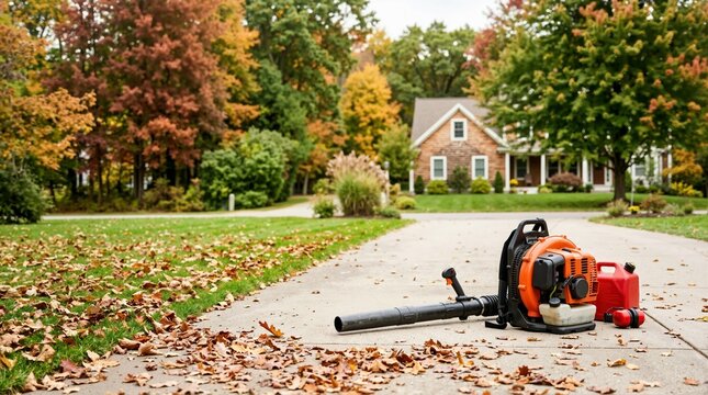 Gas powered backpack leaf blower on a driveway covered with autumn leaves. Fall yard maintenance equipment with gas can and ear protection. Suburban home landscaping chores
