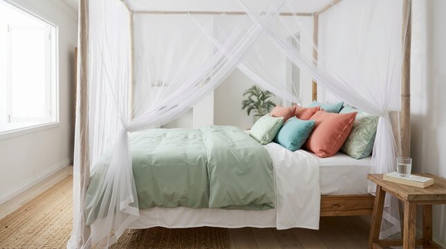 Wooden four poster bed draped with a sheer white mosquito net. Bright bedroom interior with green and peach bedding. Tropical vacation home decor concept