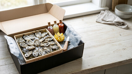 Fototapeta premium Fresh oyster delivery box with sauces and knife on a wooden table. Gourmet seafood meal kit packaging. Copy space for text