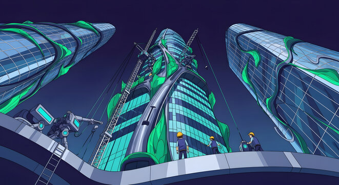 Human and robot team constructing eco friendly futuristic skyscrapers