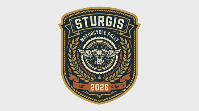 Vintage Motorcycle Rally Emblem Featuring Winged Engine Illustration for Annual Biker Event Celebration in South Dakota