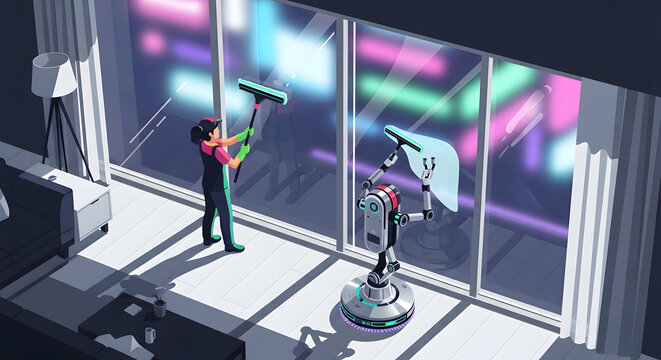 Artificial intelligence ai robot and human worker cleaning windows