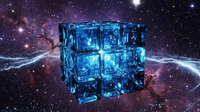 Glowing Blue Crystal Cube | Radiant Energy in Deep Space Nebula