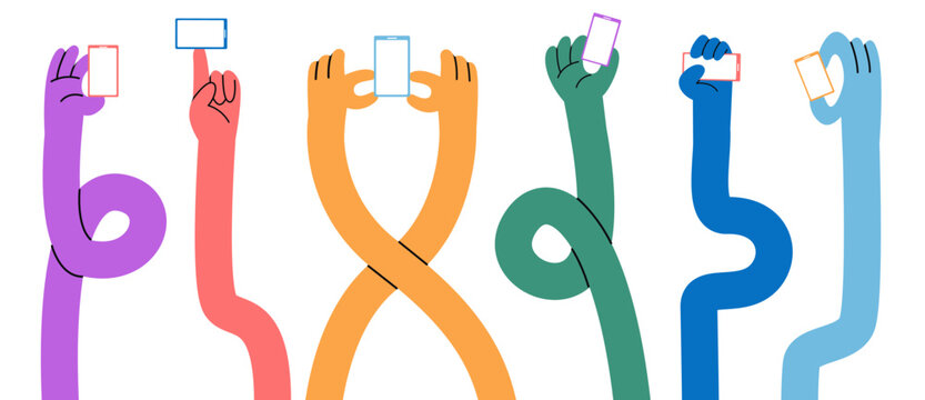 Colorful retro vector illustration of diverse vibrant hands holding smartphones. for social media banner, digital marketing poster, technology advertisement, and global online communication.