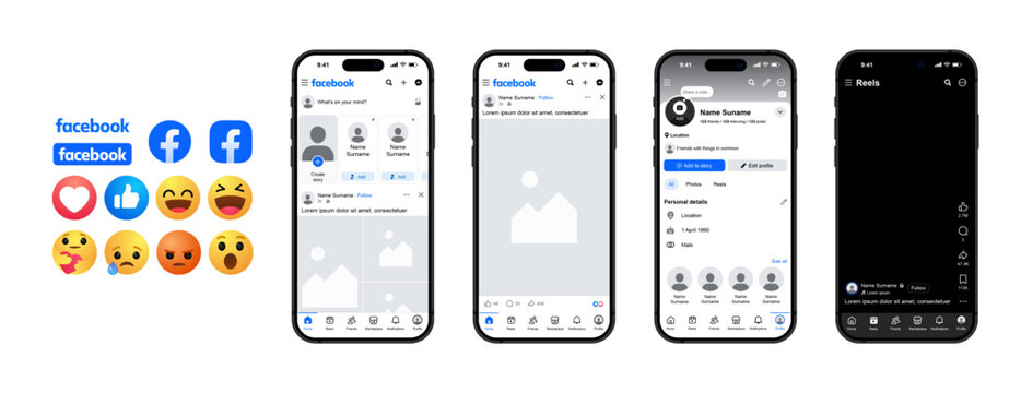 Facebook feed mockup with logo and emoticons. Social media mock up template. Facebook post frame carousel template.