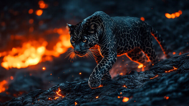 Melanistic black leopard panther walking over volcanic rocks with glowing red lava fissure background