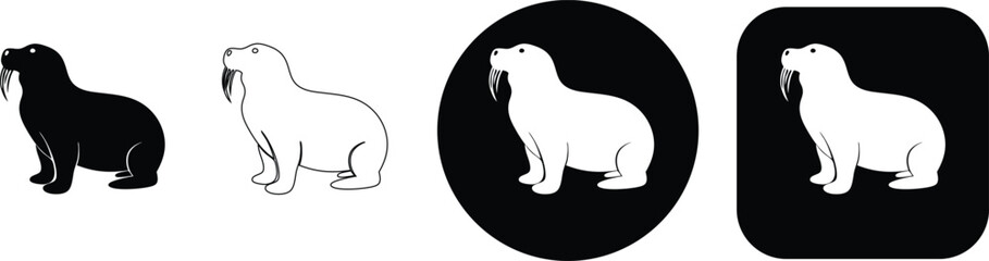 Fototapeta premium Four variations of a standing walrus including black silhouette, outline, and circular or square button formats