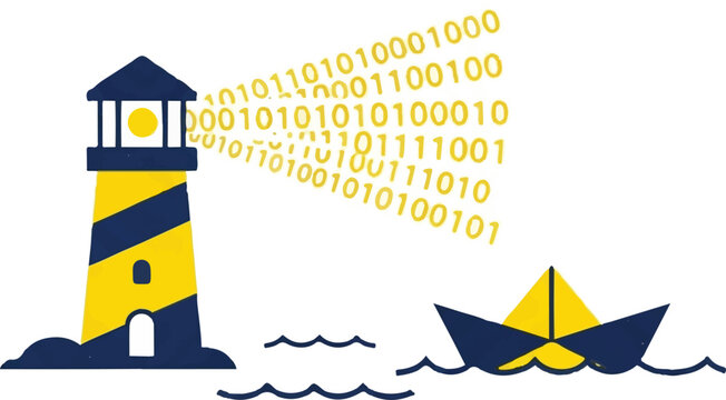 A minimalist flat vector of a lighthouse emitting a beam of binary code over a calm sea, guiding a small paper boat, representing ethical AI leadership. Solid dark blue and bright yellow.