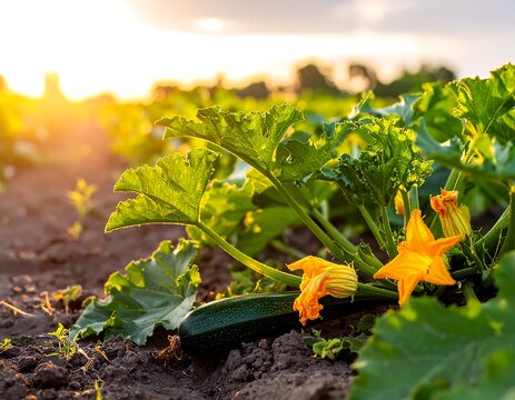 Fresh zucchini plant growing in sunlit garden with yellow flowers