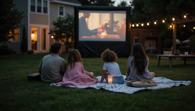 Family watching movie on big inflatable projector screen in backyard garden at night