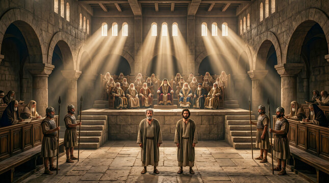 Apostles Peter and John standing before the Jewish leaders and high priests for interrogation. Biblical scene from Acts of the Apostles. Ancient middle eastern historical reenactment
