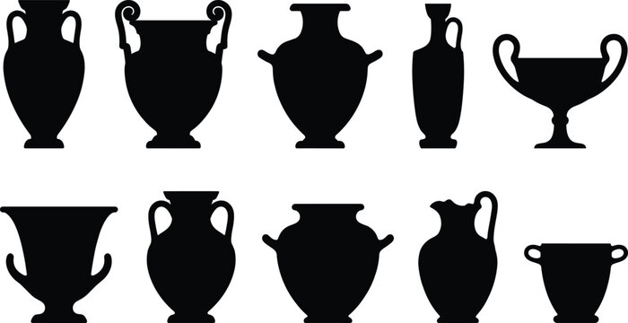 Ancient greek amphora and vase silhouettes collection isolated on white background vector illustration