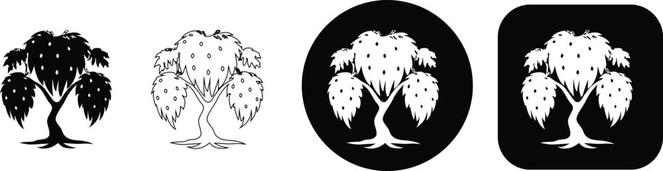 Fototapeta premium Four variations of a fruit tree including black silhouette, outline, and circular or square button formats
