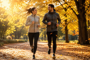 Obraz premium Golden light bathes autumn park pathway