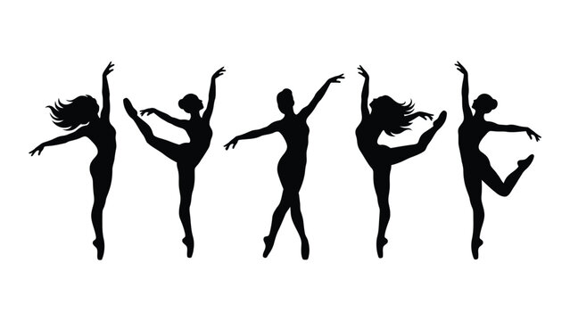 Black silhouettes of dancing women in various ballet poses