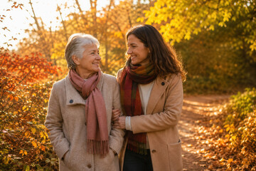 Fototapeta premium Golden autumn light bathes two women walking together