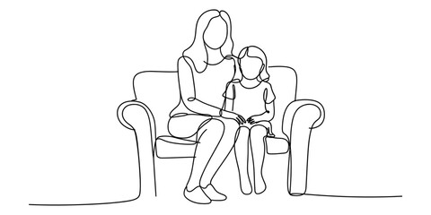 Mother and daughter sitting on a sofa, simple continuous line drawing