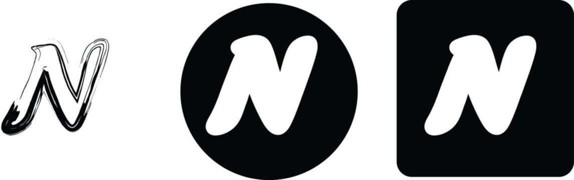 Three variations of the letter n including a hand-drawn a white letter in a black circle, and a white letter in a square