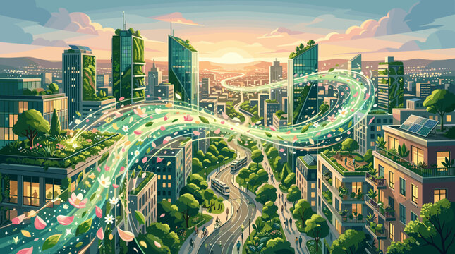 Futuristic eco city featuring vertical gardens, solar panels, and glowing floral streams. An idealistic sustainable urban landscape symbolizing green energy and nature integration.