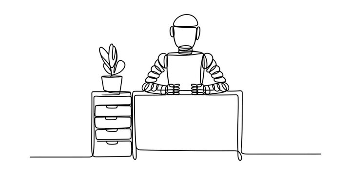 Robot sitting at a desk with a plant, single line drawing