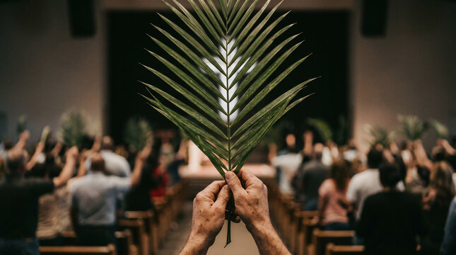 Crowd holding palm leaf with raised hand during christian worship service at church. Blurred glowing cross in background. Religious holiday concept, palm sunday, easter celebration