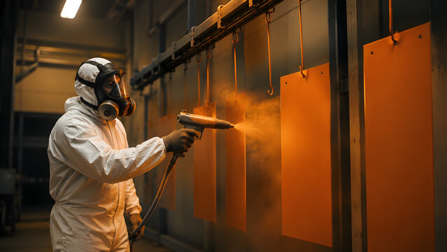 Powder coating process in industrial paint workshop