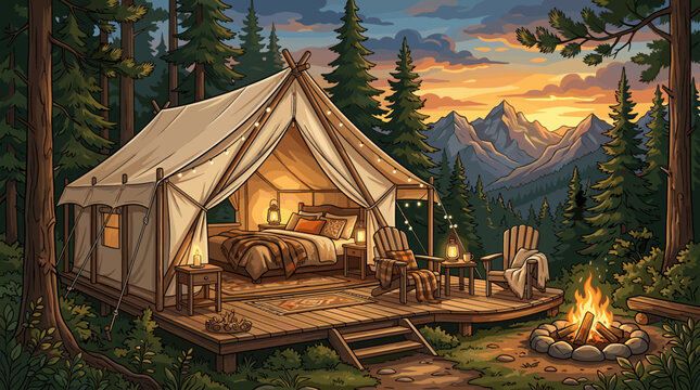 A cozy glamping tent with bed, campfire, and chairs on a wooden deck in a pine forest at sunset. Perfect for luxury travel, outdoor adventure, and lifestyle content.