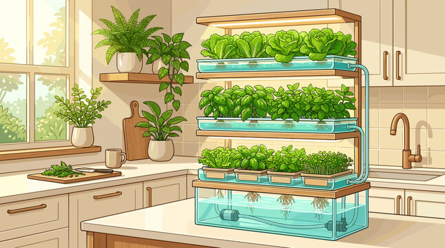 Modern kitchen featuring a vertical hydroponic garden system with fresh greens and herbs. A sustainable, eco-friendly lifestyle concept for urban farming and healthy home cooking.