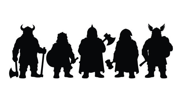 Black silhouettes of four warriors with weapons