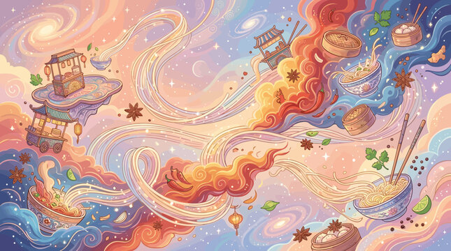 A surreal illustration of Asian street food, featuring floating stalls, steaming noodles, and dim sum, drifting through a cosmic, colorful galaxy sky. Dreamy food art.